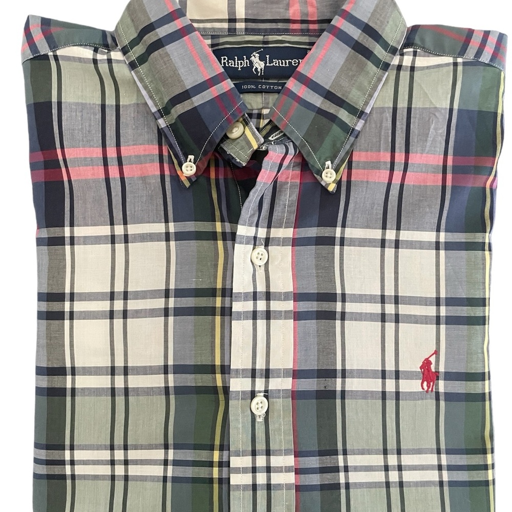 Polo Ralph Lauren men’s cotton shirt large blue green plaid tartan classic fit